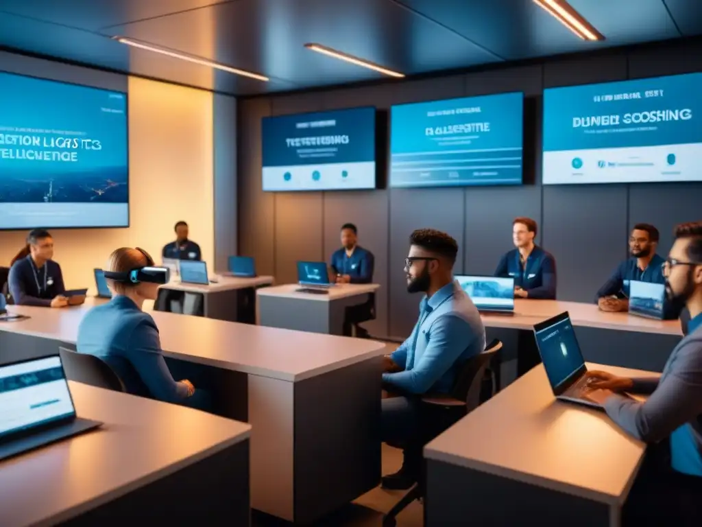 Salón logístico del futuro: tecnología y diversidad en acción Salón logístico del futuro con tecnología avanzada y estudiantes diversos discutiendo, reflejando las tendencias educación logística futuro
