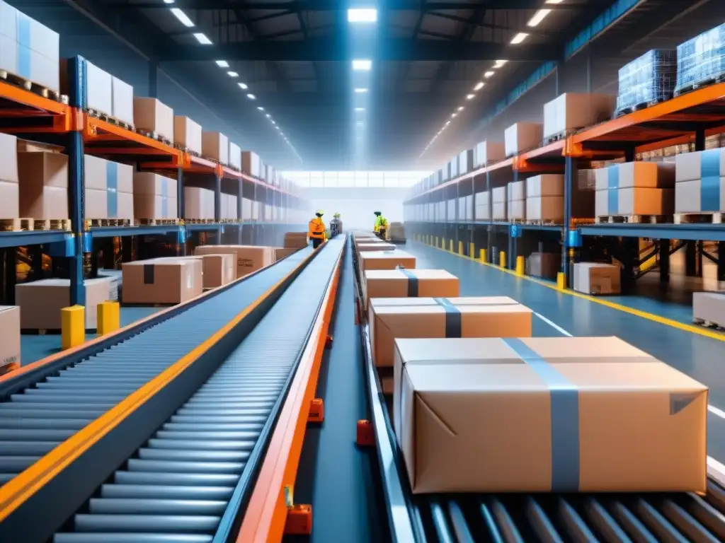 Almacén logístico automatizado: eficiencia y precisión en acción Almacén logístico innovador con brazos robóticos y trabajadores supervisando