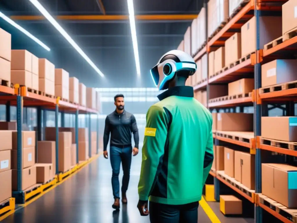 Almacén logístico de alta tecnología con robots automatizados y IA Almacén logístico lleno de robots automatizados moviendo paquetes, trabajadores supervisan pantallas con análisis de datos en tiempo real y modelos de pronóstico de demanda con IA