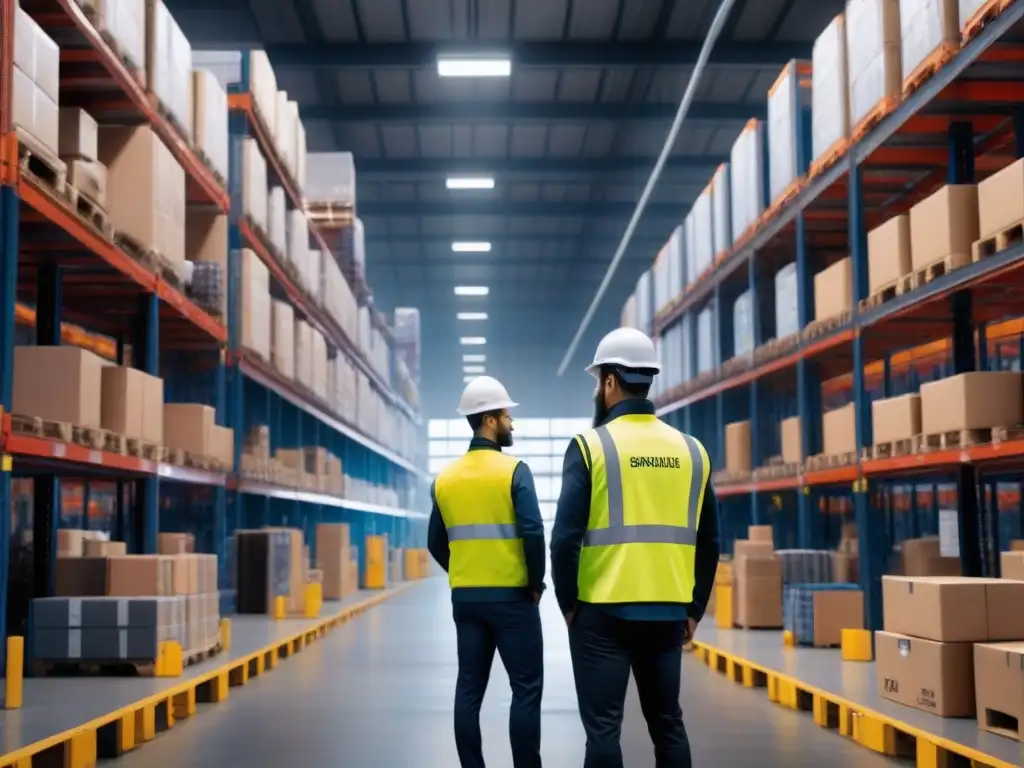 Almacén logístico ultradetallado con tecnología wearable y seguridad avanzada Almacén logístico con trabajadores usando dispositivos vestibles para seguridad, paquetes en estanterías y movimiento de montacargas