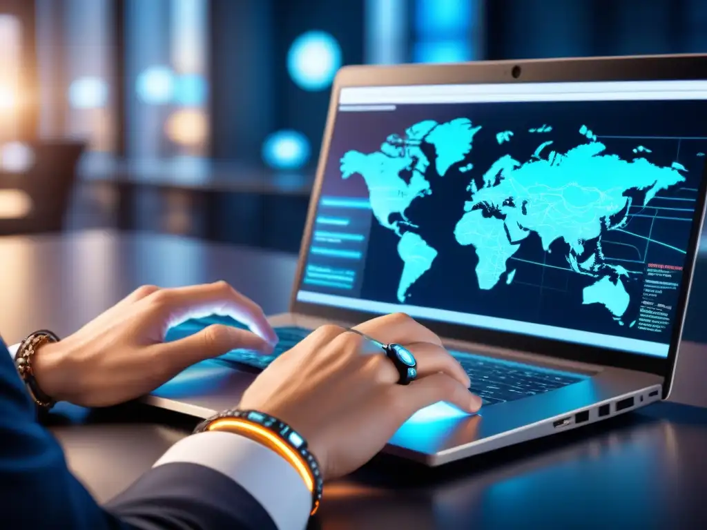 Manos expertas en seguridad cibernética para comercio electrónico, tecleando en una laptop avanzada