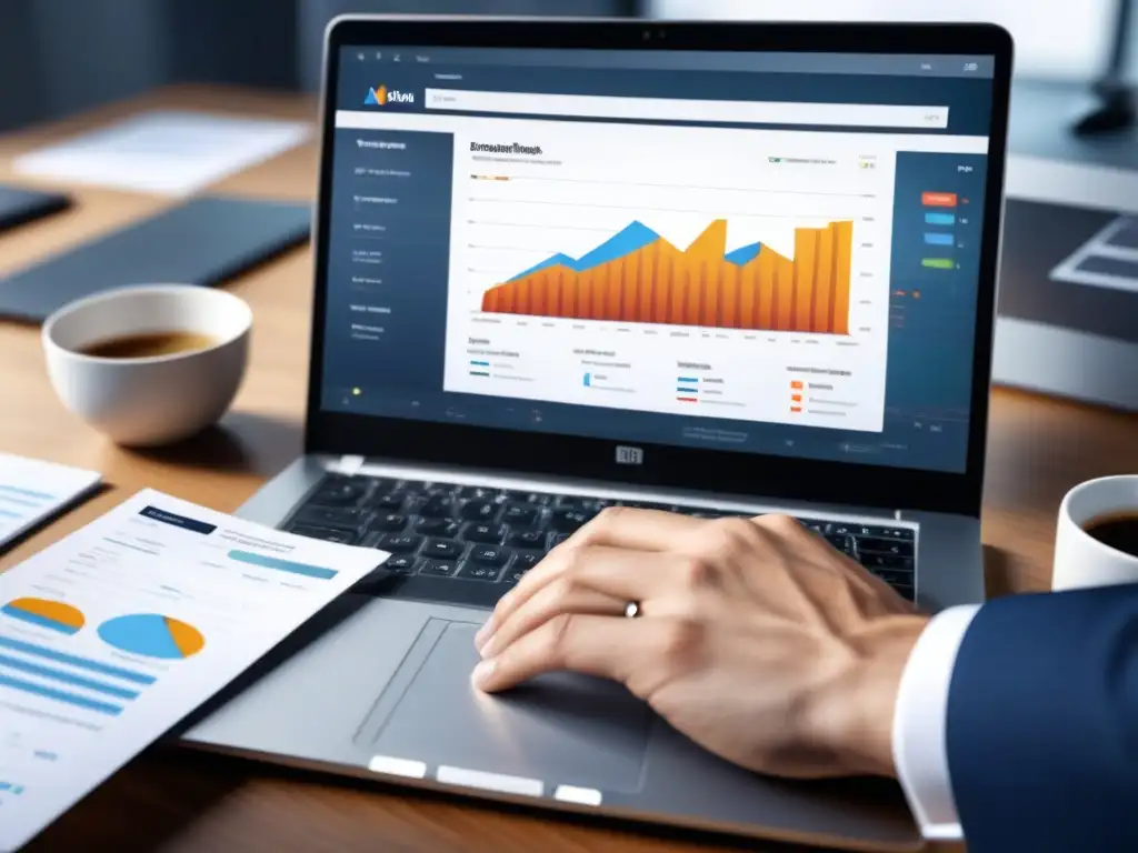 Experto en logística: Analítica de email marketing Manos de un gerente logístico experto, tecleando en laptop entre gráficos y análisis de campañas