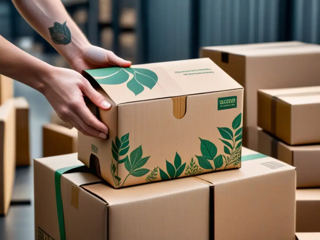 Proceso detallado de ensamblaje de caja ecológica con manos tatuadas Unas manos tatuadas ensamblan con cuidado una caja de cartón, destacando el empaquetado sostenible en transporte