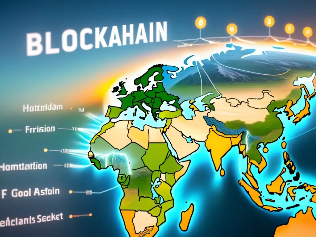Blockchain transparente revoluciona cadena alimentaria global Un mapa detallado de la cadena de suministro alimentaria global con una red transparente de blockchain resaltando la trazabilidad alimentaria