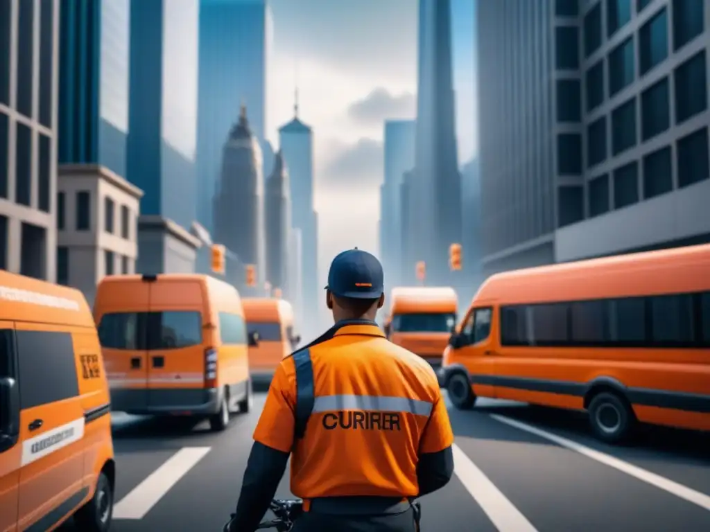 Un mensajero en uniforme naranja navega entre vehículos y peatones en la ciudad, reflejando las tendencias en logística última milla