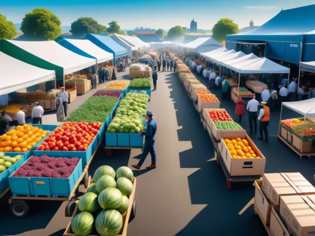 Mercado agrícola sostenible: blockchain y transparencia Un mercado agrícola animado bajo el cielo azul, con puestos coloridos y clientes