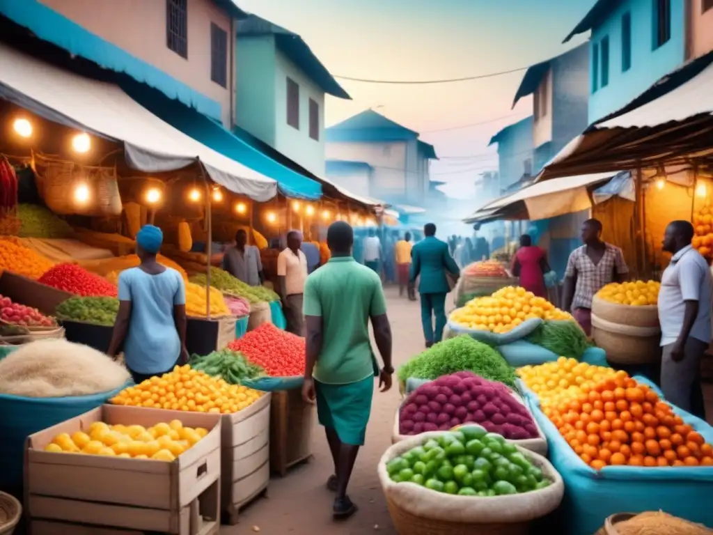 Mercado africano: textiles y productos frescos bajo cables eléctricos Un mercado bullicioso en una ciudad africana, con vendedores de textiles coloridos y productos frescos bajo una red de cables eléctricos enredados, mostrando la intersección entre el comercio tradicional y la tecnología moderna en el paisaje logístico del continente