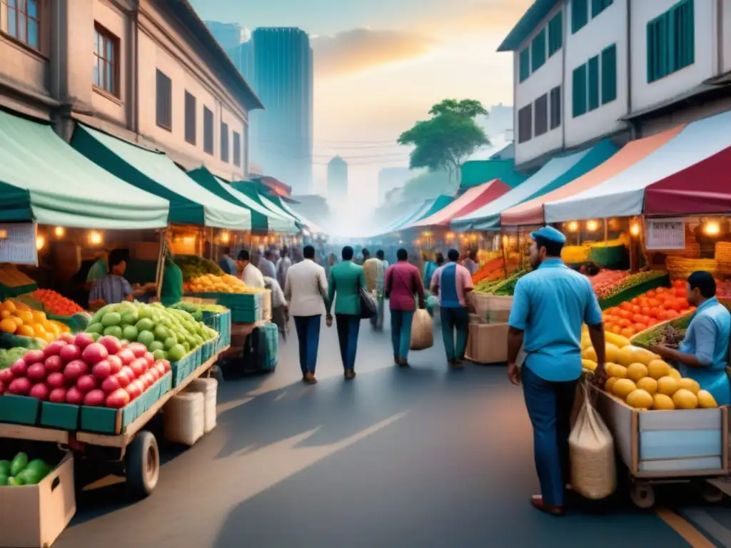 Mercado bullicioso en mercado emergente: fusión de tradición y tecnología Un mercado bullicioso en un entorno vibrante de mercado emergente, fusionando prácticas tradicionales con IA en logística de mercados emergentes