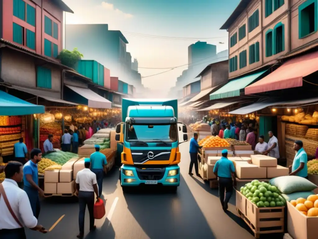 Mercado bullicioso y diverso: logística en acción Un mercado bullicioso en un mercado emergente, reflejando la diversidad y actividad económica de la región