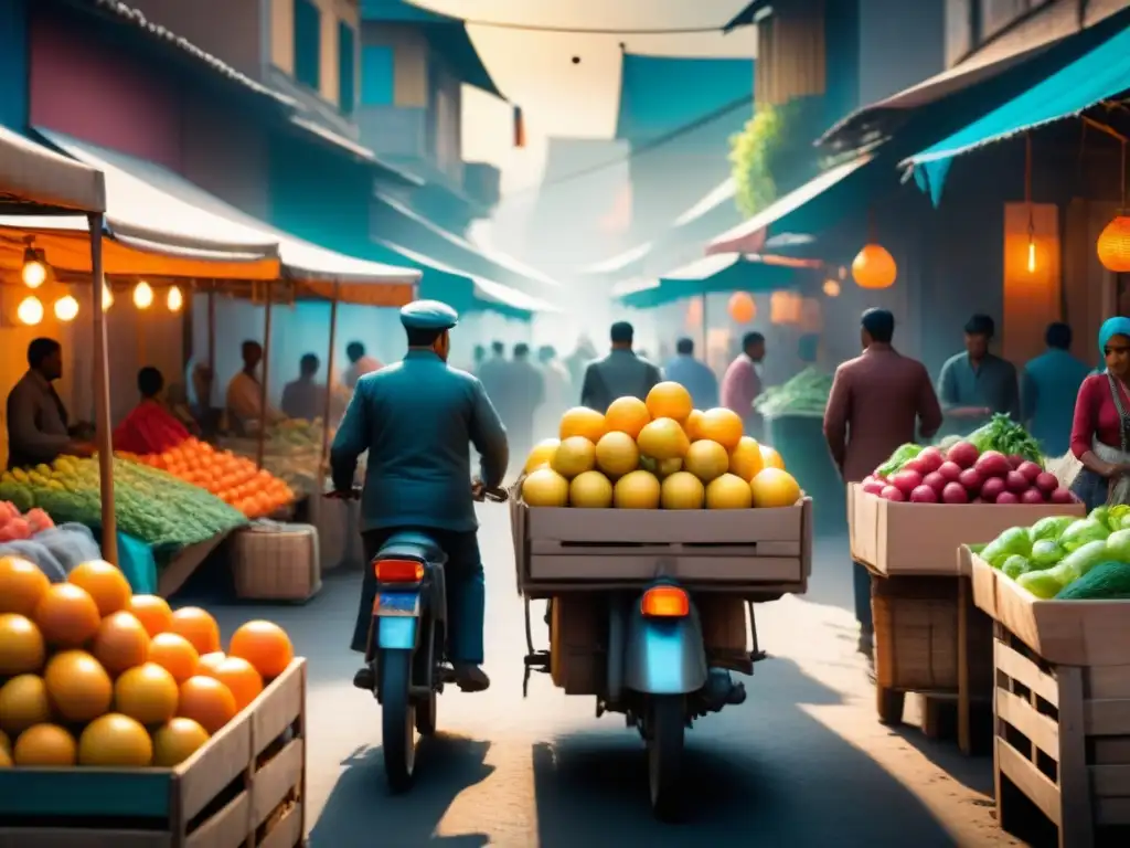 Mercado vibrante de un mercado emergente: colores, diversidad y energía Un mercado bullicioso en un país en desarrollo, lleno de colores vibrantes y energía