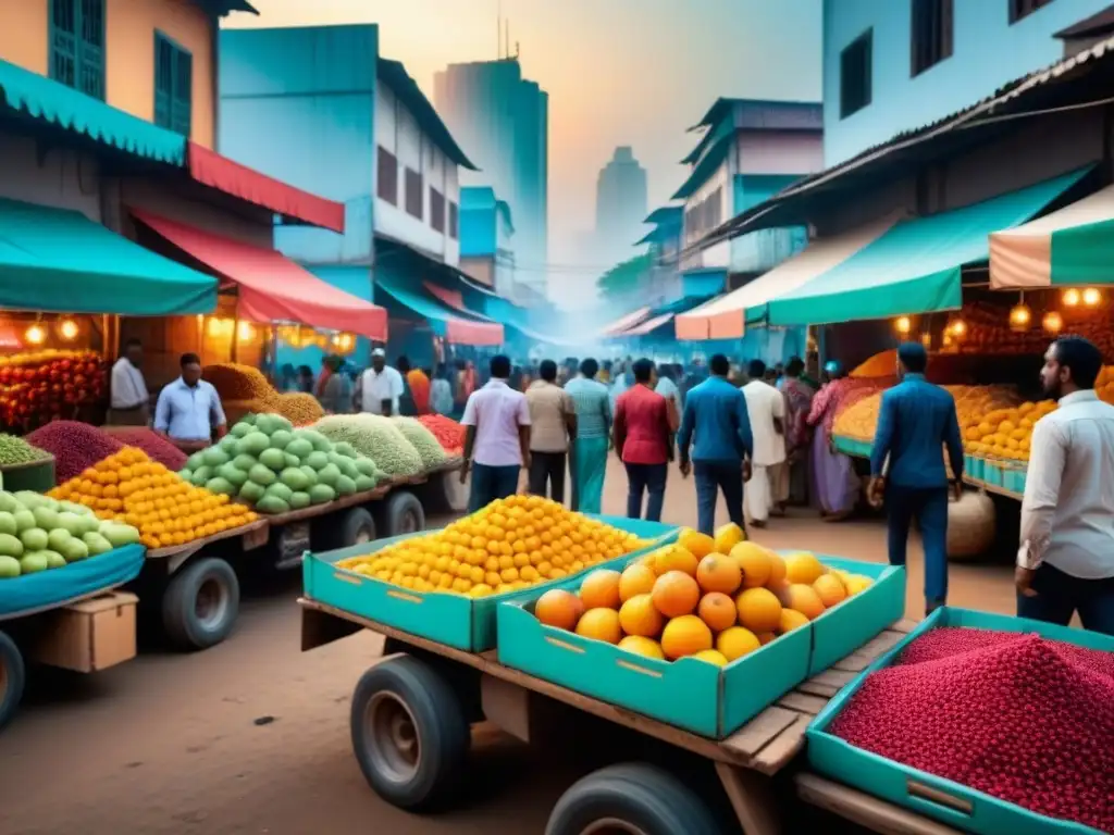 Mercado vibrante: tradición e innovación en logística emergente Un mercado bullicioso en un país en desarrollo, fusionando tradición e innovación con IA en logística de mercados emergentes