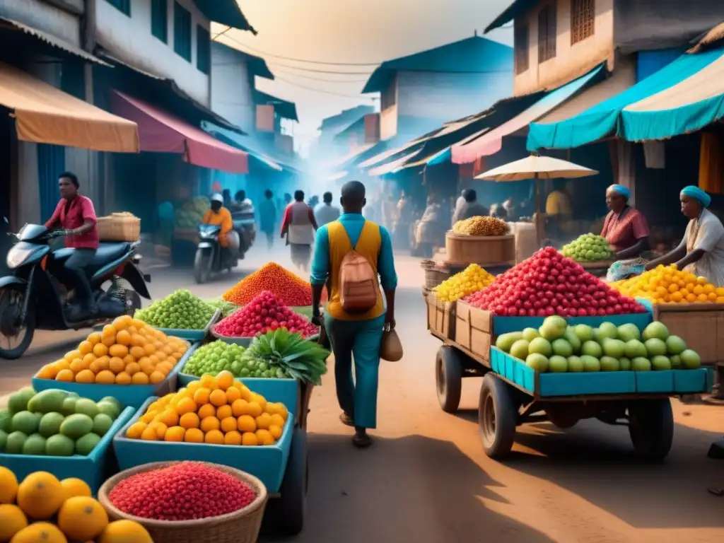 Mercado vibrante: diversidad y emprendimiento en logística emergente Un mercado bullicioso en un país en desarrollo, con vendedores diversos y transporte tradicional y moderno