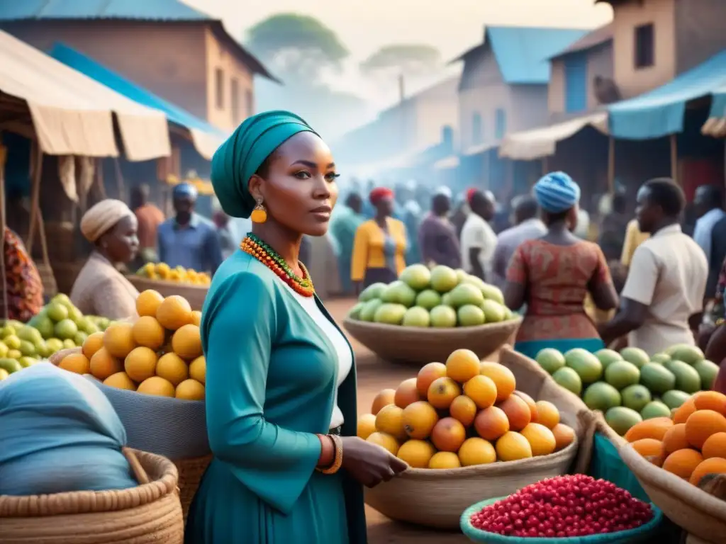 Mercado vibrante en África: colores, cultura y comercio Un mercado bullicioso en África con vendedores, frutas coloridas, telas y artesanías