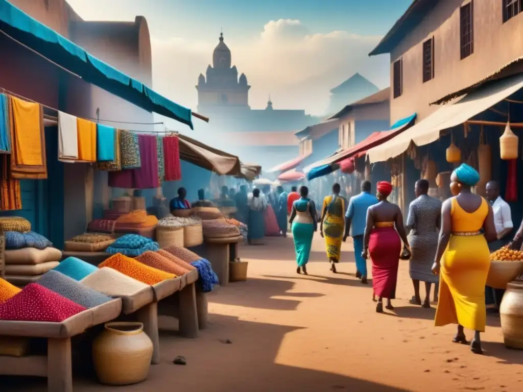 Mercado vibrante en ciudad africana: comercio único y colorido Un mercado bullicioso en una vibrante ciudad africana, con una variedad de vendedores y clientes negociando