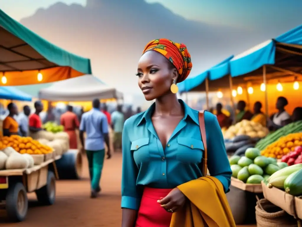 Mercado vibrante en África: logística innovadora y diversidad comercial Un mercado bullicioso en una vibrante ciudad africana, con coloridos puestos vendiendo una variedad de productos