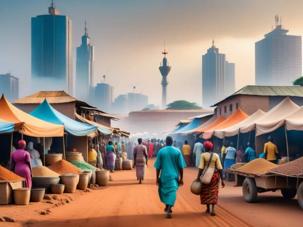 Mercado animado y moderno en ciudad africana: comercio, colores y evolución Un mercado bullicioso en una vibrante ciudad africana, con locales intercambiando bienes rodeados de puestos coloridos y ropa tradicional