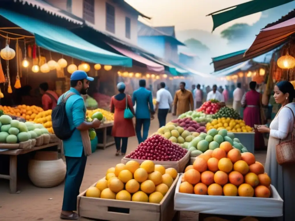 Mercado vibrante: diversidad y emprendimiento en mercados emergentes Un mercado bullicioso en un vibrante mercado emergente, con vendedores diversos, frutas coloridas, artesanías y textiles tradicionales