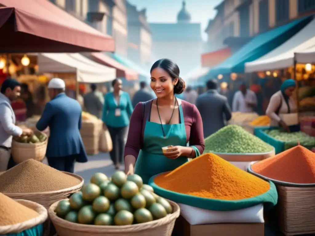 Mercado vibrante: emprendedores diversos en acción Un mercado bullicioso en un vibrante mercado emergente, con emprendedores diversos mostrando sus productos y conectando con clientes