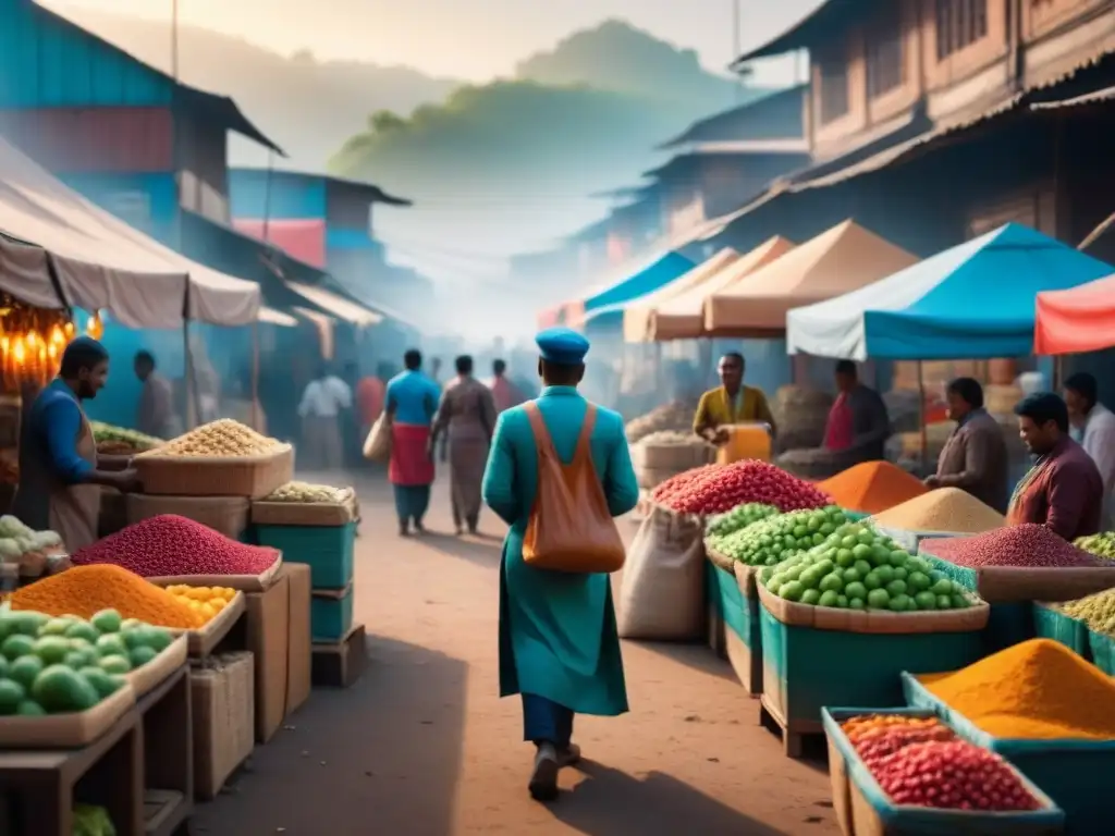 Mercado vibrante: diversidad y oportunidad en mercado emergente Un mercado emergente bullicioso con logística inclusiva: vendedores diversos, coloridas paradas y clientes curioseando productos