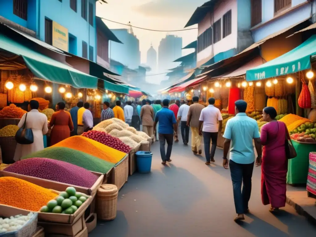 Mercado vibrante con diversidad de clientes y vendedores Un mercado emergente vibrante con logística inclusiva y emprendimiento en acción, clientes y vendedores interactuando en coloridos puestos de venta