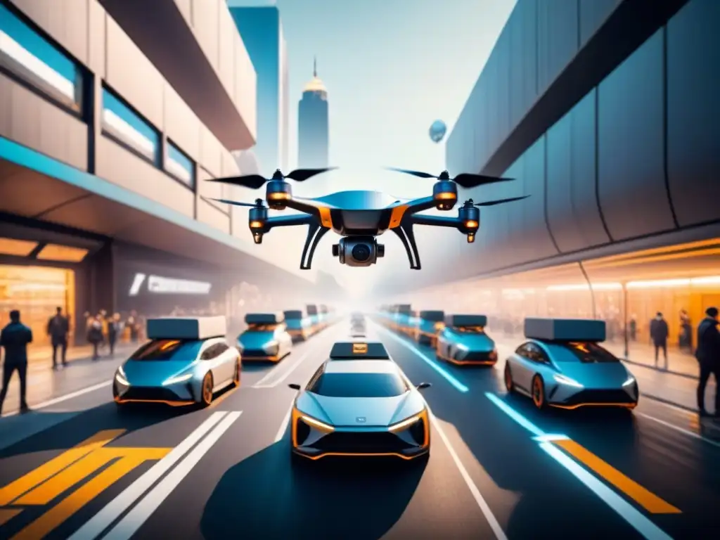 Una metrópolis futurista con drones y vehículos autónomos, simbolizando franquicias logísticas escalables innovadoras
