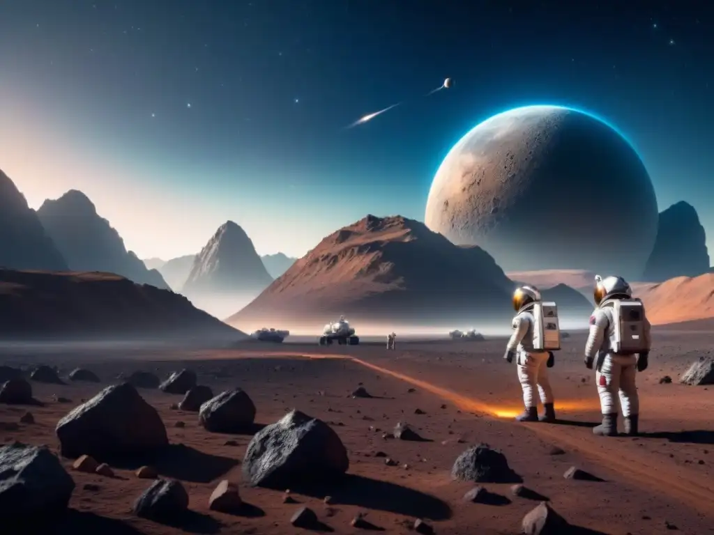Operación minera espacial futurista en asteroide Operación minera espacial futurista extrayendo recursos valiosos con astronautas en trajes espaciales
