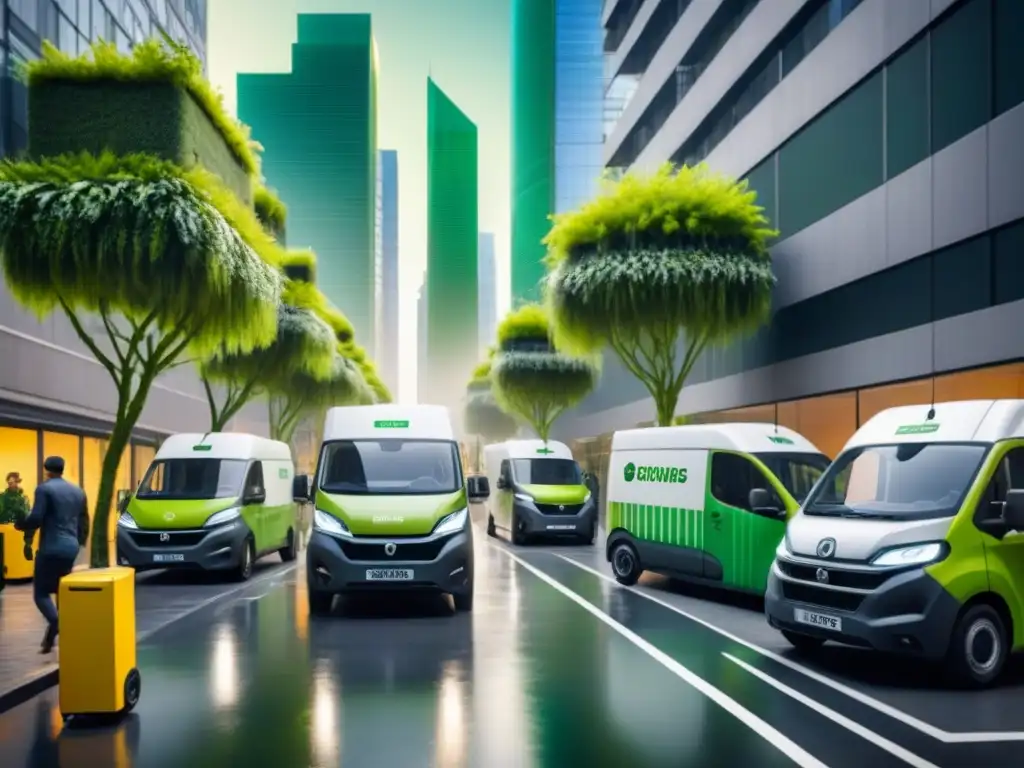 Centro logístico verde: entrega sostenible en la ciudad Un moderno hub de logística verde con iniciativas corporativas, vans eléctricas, bicicletas, empleados ecofriendly y edificios sustentables