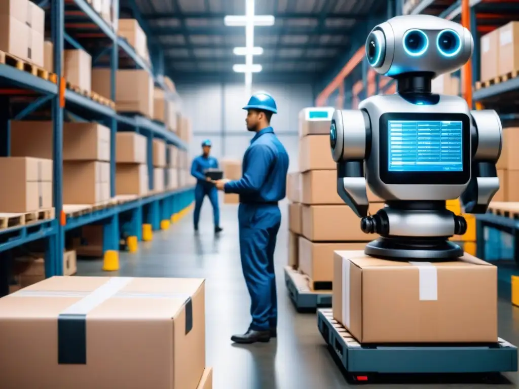 Almacén moderno con robots y trabajadores supervisando estrategias inteligentes para previsión