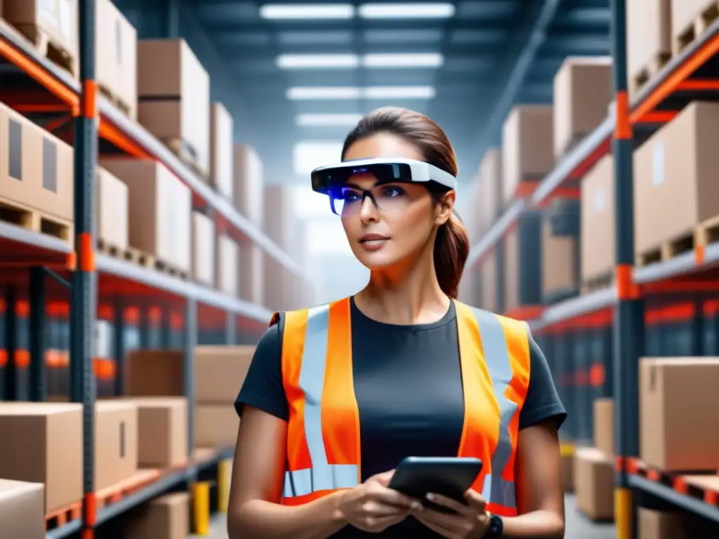 Logística de última milla: trabajadores con tecnología wearable Almacén moderno con tecnología wearable logística última milla optimizando operaciones de logística de paquetería