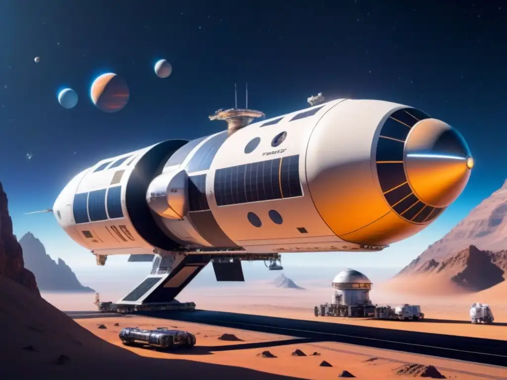 Nave espacial futurista con propulsión sostenible Una nave espacial futurista con tecnologías logística espacial innovadoras, en una estación espacial