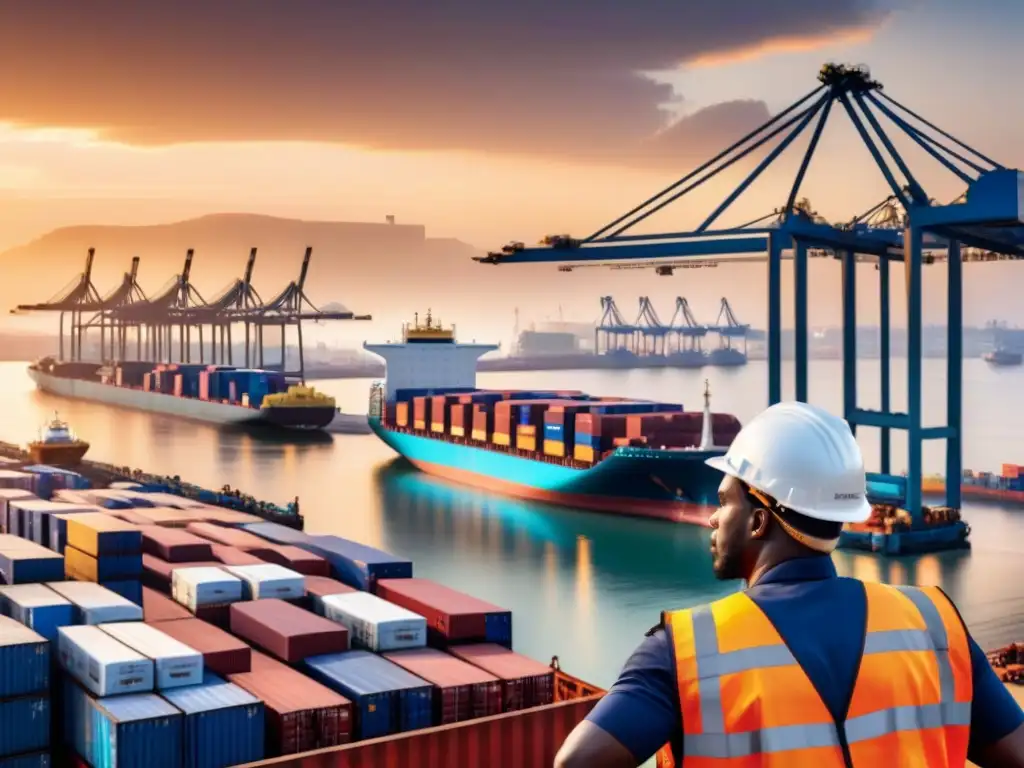 Desembarco de carga en puerto africano al amanecer: modernidad y tradición Operaciones seguras en logística africana blockchain en un puerto bullicioso al amanecer
