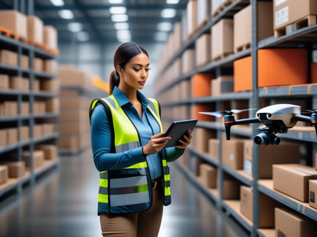 Operador de dron profesional en almacén futurista Operador de dron profesional en almacén futurista