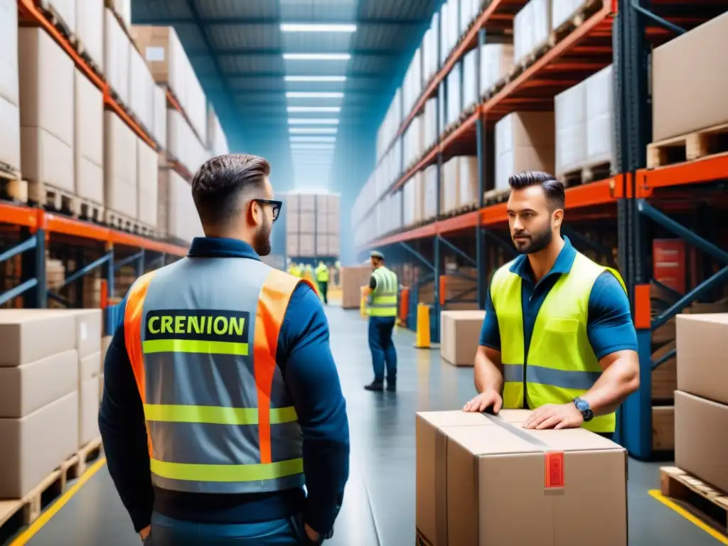 Centro logístico eficiente: operarios en chalecos de alta visibilidad coordinan la carga y descarga de mercancías con precisión Operarios en chalecos de alta visibilidad coordinan la carga y descarga de mercancía en un bullicioso centro logístico