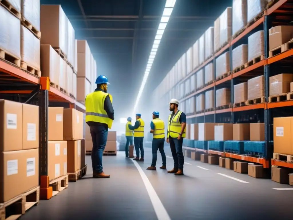 Operarios en chalecos reflectantes escanean y cargan paquetes en una bulliciosa bodega