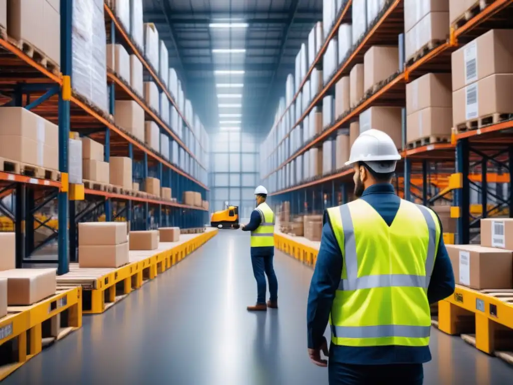Logística en acción: Eficiencia y tecnología en almacén Operarios escanean paquetes en almacén con tecnología, mostrando visibilidad cadena suministro tiempo real