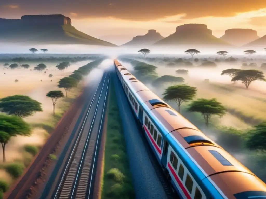 Avances ferroviarios en la sabana africana: tradición y modernidad Un paisaje africano: ferrocarriles de alta velocidad cruzando la sabana, fusionando tradición y progreso en el transporte de mercancías