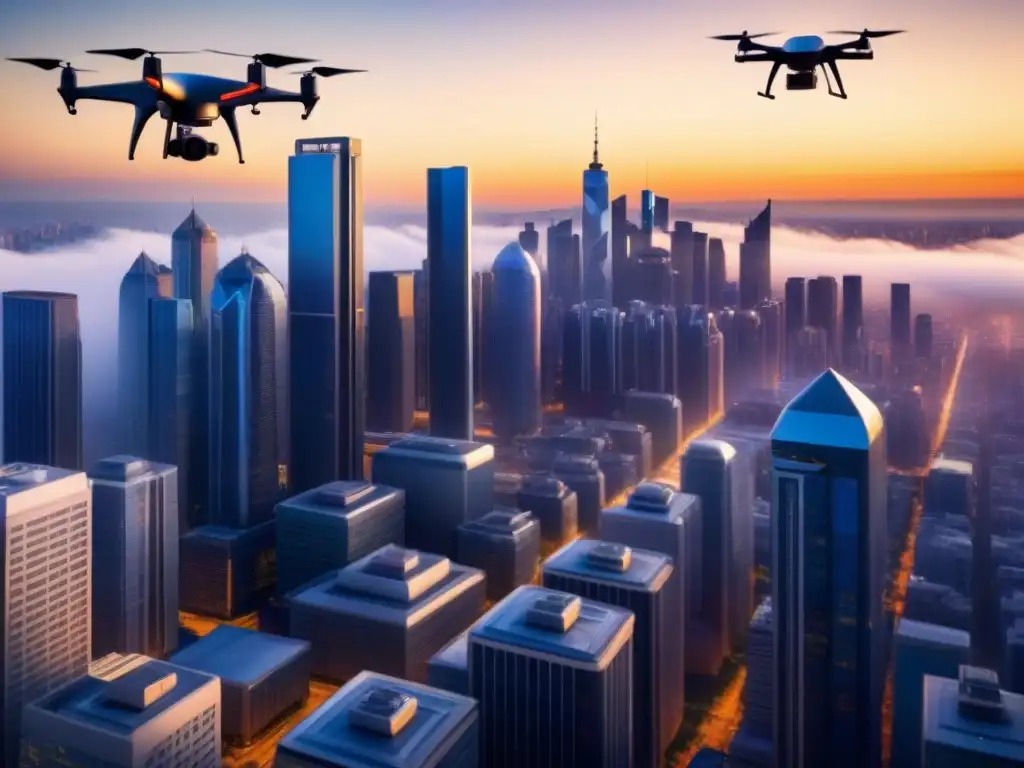 Metrópolis futurista: drones transportan mercancías al atardecer Un paisaje urbano bullicioso donde drones transportan paquetes entre rascacielos al atardecer