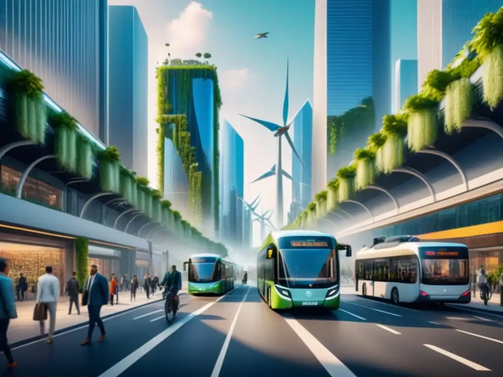 Escena urbana futurista: transporte eco en ciudad verde Un paisaje urbano futurista con innovaciones en transporte y empaquetado compostable