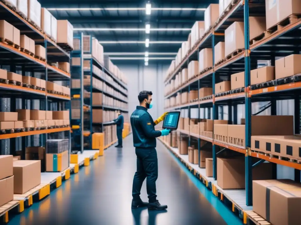 Logística postCOVID: Humanos y robots en almacén innovador Tras la pandemia, el almacén bulle de actividad con trabajadores y robots organizando productos
