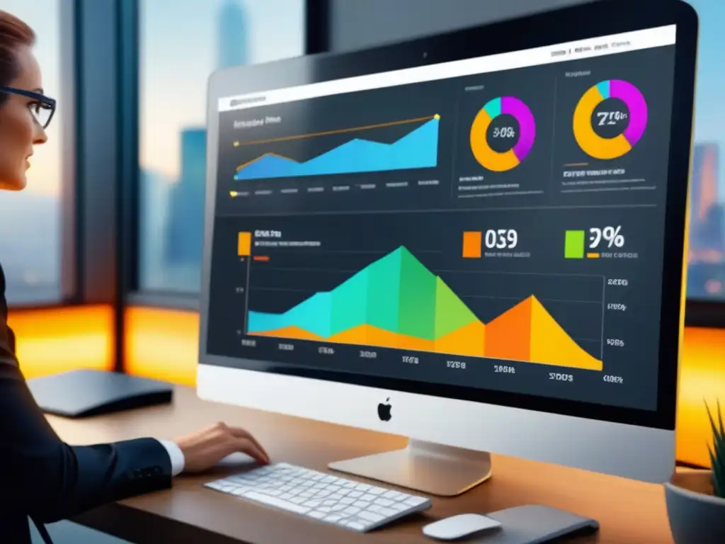 Panel de email marketing para logística: KPIs y análisis Panel detallado de email marketing en logística en pantalla grande, con gráficos coloridos y métricas clave, en una oficina activa