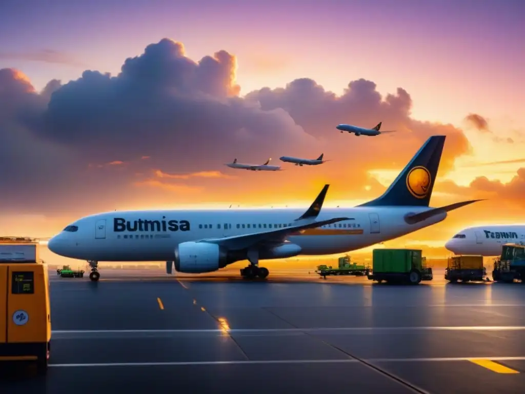Atardecer dramático en aeropuerto: caos organizado en pista de despegue Personal aeroportuario en pista al atardecer, aviones listos para despegar y carga de equipaje