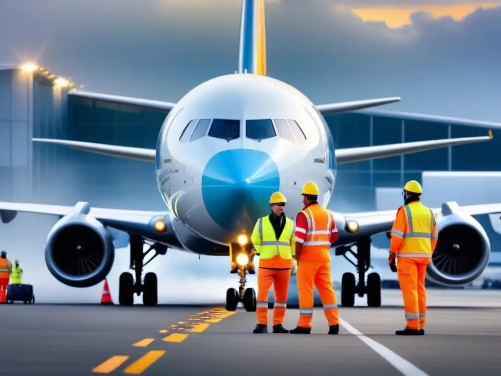 Avión comercial en el aeropuerto: seguridad y tecnología en acción Personal en chalecos de alta visibilidad realizando controles de seguridad en avión comercial