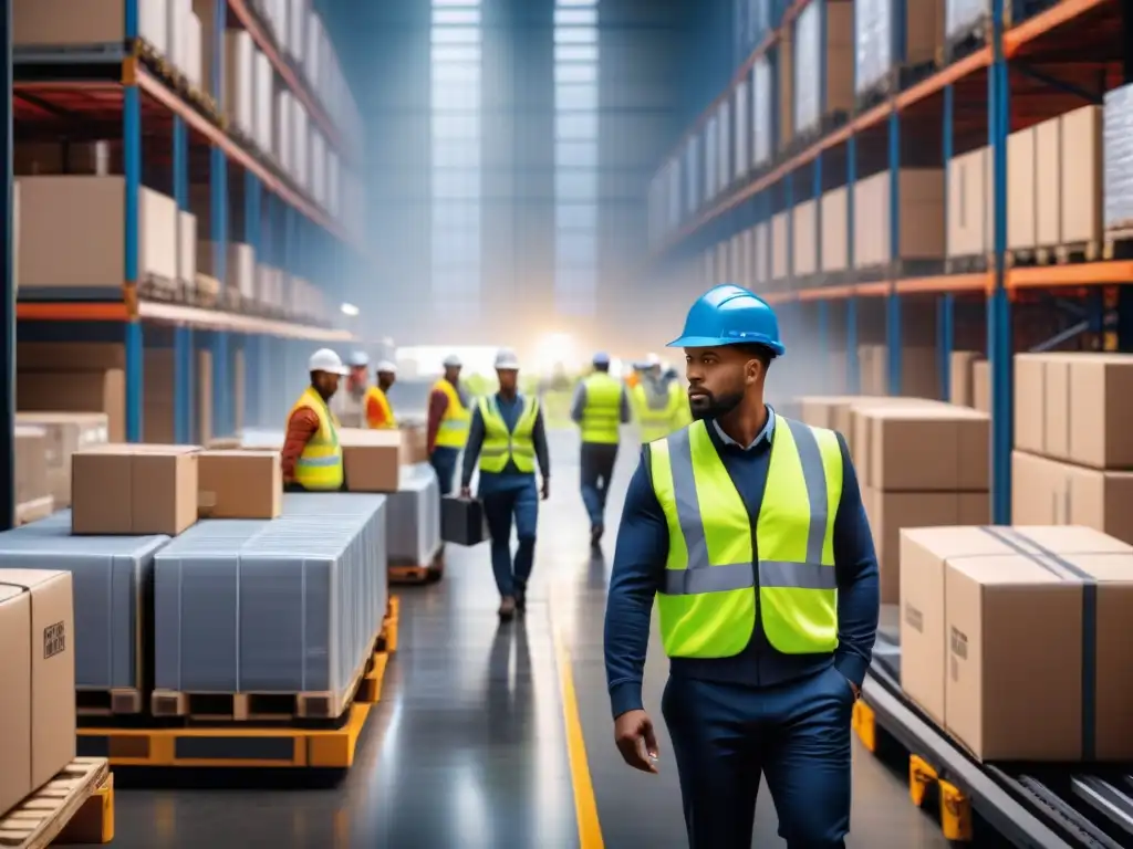 Eficiencia y colaboración en centro logístico moderno Plataformas colaborativas en logística: Trabajadores cargan y descargan camiones en un centro de distribución moderno y eficiente