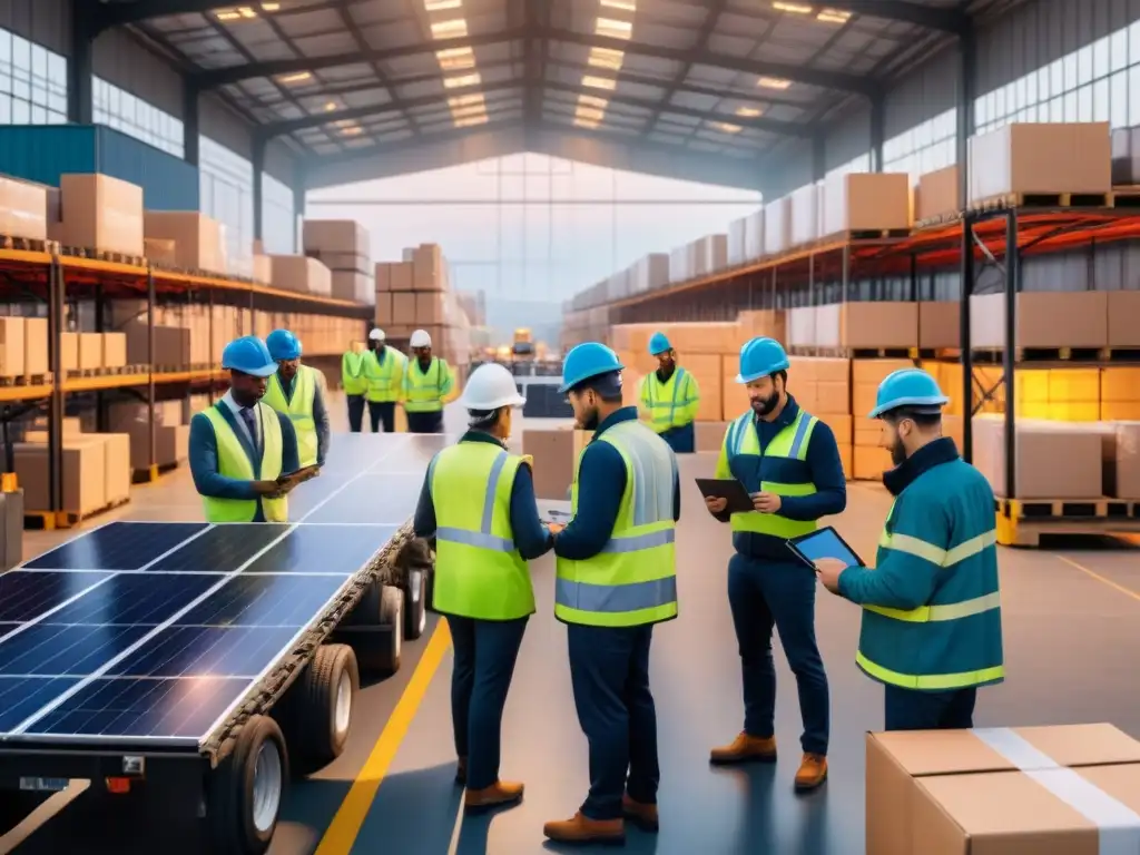 Almacén sostenible: tecnología y trabajo en equipo Plataformas colaborativas y sostenibilidad en la cadena de suministro: trabajadores y tecnología en almacén al anochecer