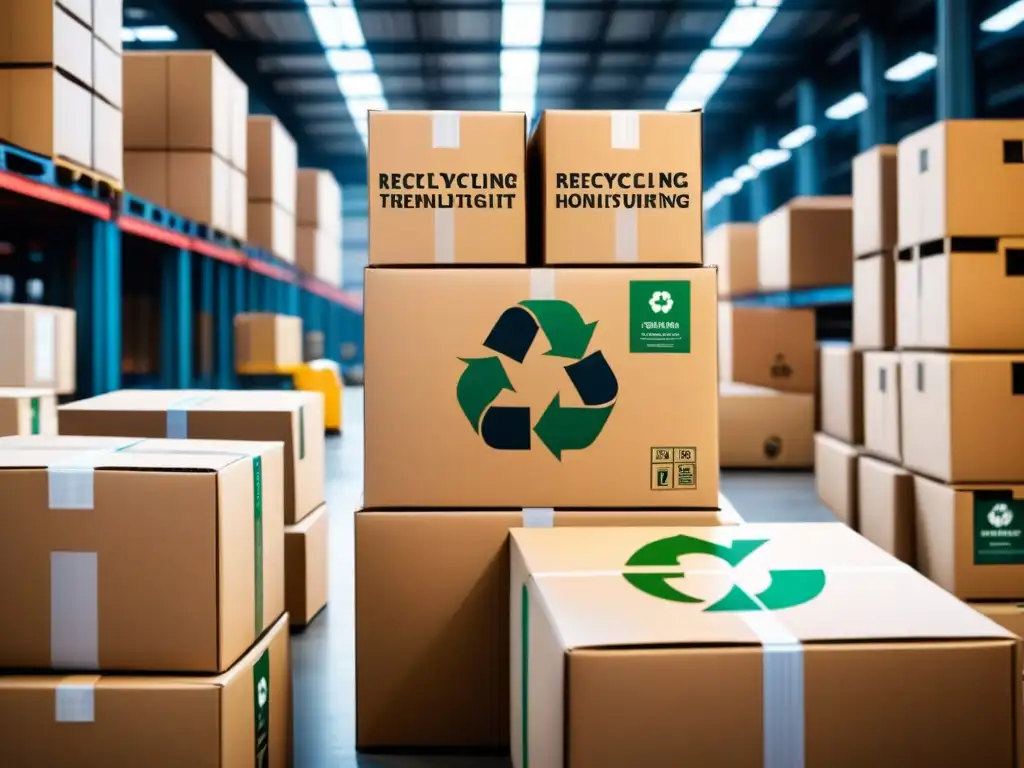 Empaque sostenible en almacén: Eficiencia ecoamigable Un primer plano detallado de cajas de cartón con símbolos de reciclaje y etiquetas de embalaje ecológico en un almacén bullicioso