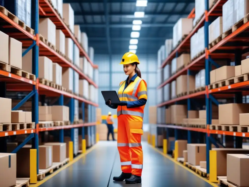 Equipo de logística certificado en acción: eficiencia y colaboración global Profesionales con certificaciones logísticas trabajan en equipo en almacén para oportunidades globales