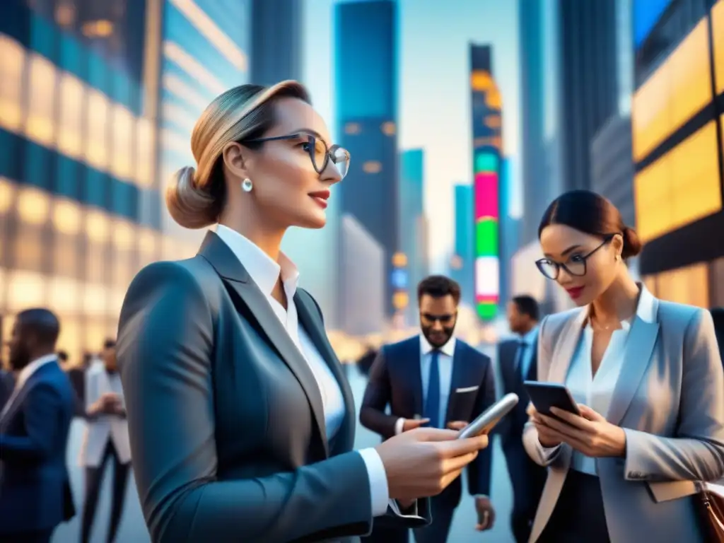 Profesionales en ajetreo: Finanzas modernas y colaboración digital Profesionales debatiendo en distrito financiero