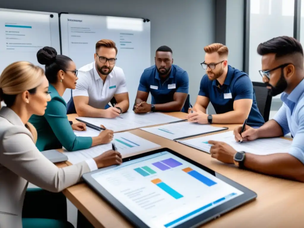 Profesionales de distintos géneros y etnias colaboran en un taller de logística, fomentando el desarrollo profesional