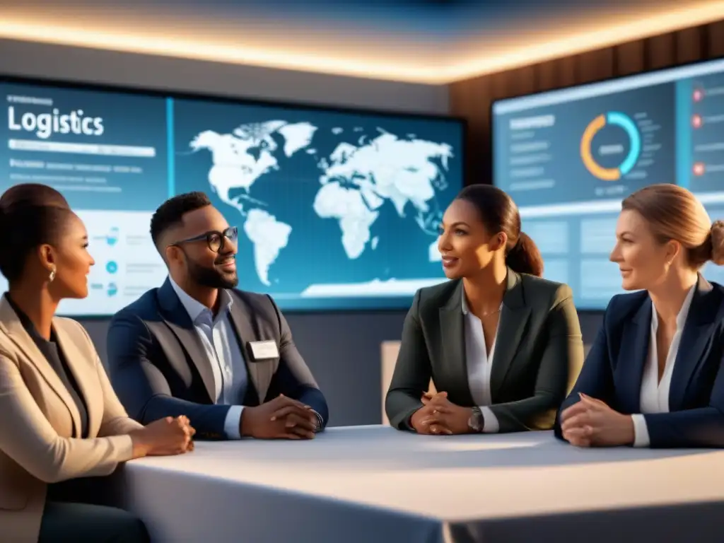 Profesionales de logística en evento educativo y de desarrollo profesional, concentrados en discusión animada