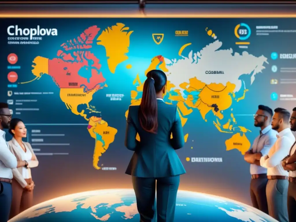 Profesionales logísticos colaborando en red global Profesionales de logística global colaboran entorno al mapa mundial, destacando diversidad cultural y educación intercultural